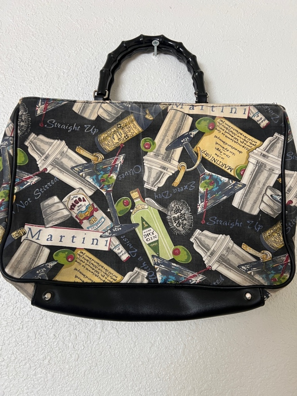Martini Print Black Tote Bag with Bamboo Plastic Handles - Picture 5 of 8